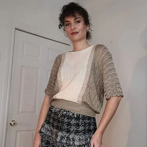 Vintage oversized beige and taupe stretch knit blouse